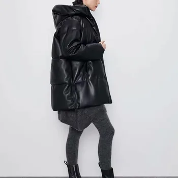 Viršutiniai drabužiai Aukštos Kokybės Didelio Dydžio Juodos Moterys Medvilnės Striukė Žiemą Šiltas Storas Mados PU Moterų Medvilnės Kamšalu Striukė JK297