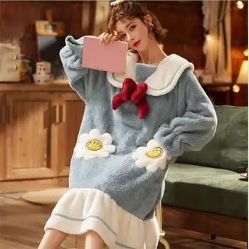 Plius Dydžio Pižamą 2020 M. Žiemą Šiltas Sleepwear Moterų Tirštėti Flanelė Nightdress Moterų Ištaigingas Dėvėti Namuose Drabužius Nėščioms Suknelė