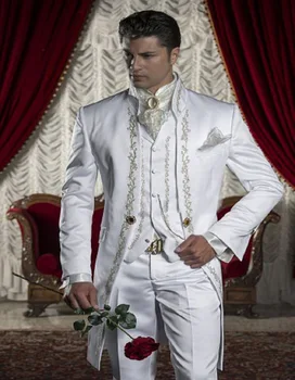 Barocco White Satin italijos Kostiumas Su Toninių Siuvinėjimo Jaunikis Tuxedos Groomsman Kostiumas Užsakymą Vyras Kostiumas(striukė+kelnės+liemenė)