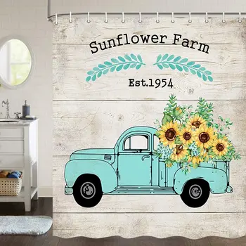 Sodybos Stilius Saulėgrąžų Dušo Užuolaidos, Geltonos Gėlės ant Pickup Truck su Saulėgrąžų Ūkio Raidės