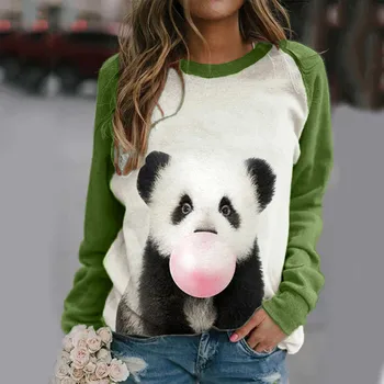 Moteriški marškinėliai Rudenį Panda Spausdinimas O-Kaklo, ilgomis Rankovėmis Medvilnės Marškinėliai Atsitiktinis Megztinis Viršuje Moterų Drabužių Camisetas Mujer