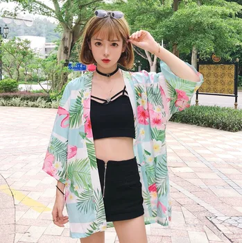 HARAJUKU skaitmenų spausdinti 2018 gatvėje atostogų stiliaus vasaros kimono megztinis feminino viršutiniai moteriški marškinėliai (M1984)