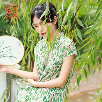 LZJN Kinijos Moterims Tradicinę Suknelę Vasarą Qipao Atspausdintas Trumpas Rankovės Elegantiškas Ilgas Slim Fit Rytų Stiliaus Cheongsam Suknelė