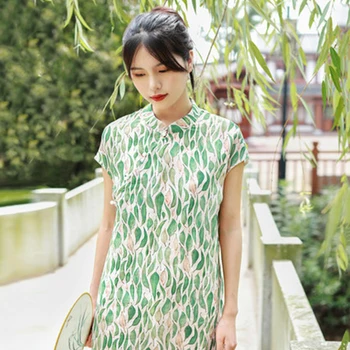 LZJN Kinijos Moterims Tradicinę Suknelę Vasarą Qipao Atspausdintas Trumpas Rankovės Elegantiškas Ilgas Slim Fit Rytų Stiliaus Cheongsam Suknelė