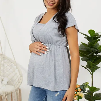 Nėščių moterų plius dydis trumpas rankovėmis viršūnes Susiėmę trumparankoviai slaugos viršūnes nėščioms moterims одежда для беременных 40*