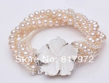 Top tikras perlas Granulių Natūralių perlų apdaila Mielas Gėlių akcentas Mados Daugiasluoksnės Rankų darbo Apyrankė moterų Papuošalai Gėlavandenių
