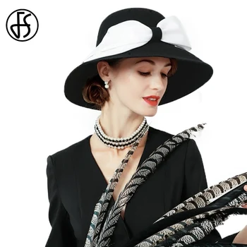 FS Britų Stiliaus Vilnos Elegantišką Skrybėlę, Moteris Su Bowknot Juoda Manė, Ponios Bažnyčios Plačios Skrybėlės Kraštų Fedora Chapeau Femme Feutre
