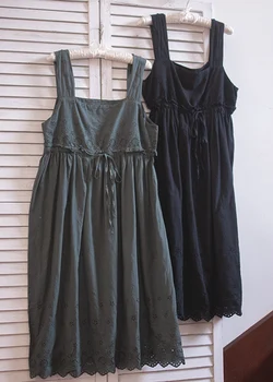 TIYIHAILEY Nemokamas Pristatymas 2020 Nauji Medvilniniai Siuvinėjimo Suknelė Vasarą Ilgai Vidurio Blauzdos Žalia Juoda Chaki Japonija Stiliaus Rankovių Suknelės