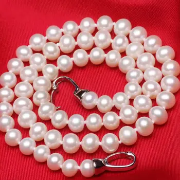 Nemokamas pristatymas gražus AAA+7-8mm baltas apvalus natūralių gėlavandenių perlų vėrinį 17