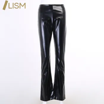 LISM Derliaus Aukšto Juosmens Dirbtiniais Odos Kelnės Lady Black Liesas PU Kelnės Elegantiškas High Street Punk Flare Kelnės Streetwear