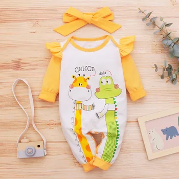2021 m. Pavasarį, Rudenį Baby Girl Animacinių filmų Žirafa Modelis Kūdikiams ilgomis Rankovėmis Bodysuit ir Lankelis Naujagimių Romper Jumpsuit Rinkinys