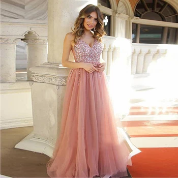 Elegantiškos Blush Pink V kaklo Ilgai Prom Dresses Su kalnų krištolas-line Backless Gražus vakarinės Suknelės Šalis Suknelė