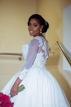 Paprastas Baltas Afrikos Vestuvių Suknelė Šalies Sodas ilgomis Rankovėmis, Uždusęs Tiulio, Nėrinių, Nigerijos Moterų Nuotakos Suknelė 2018 Užtrauktukas Atgal noiva