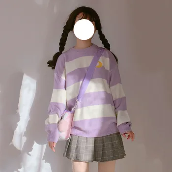 Japonijos Mielas Mergaičių megztiniai Megztinis Moterims Kawaii Mėnulis Siuvinėjimo Juostelėmis Violetinė Megztų Megztinių Žiemos Preppy Stiliaus Megztinis Viršūnės