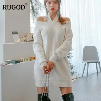 RUGOD 2018 Nauja Rudens žiemos Vintage Stiliaus Sexyx nuo peties Visas Rankovės Ilgos apynasrio Puloveriai Kietas Atsitiktinis moterims megztiniai