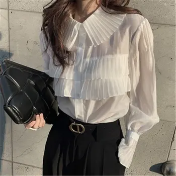 HziriP High Street Atsitiktinis Plisuotos Kieta Moteris 2021 Laisvi Marškinėliai Moteriška Karšto Pardavimo Office Lady Korėjos Prašmatnus Visų Rungtynių Stilingas Palaidinės