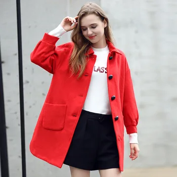 Korėjos Žiemos Vilnos Paltai Moterims Raudona ilgomis Rankovėmis, Paltai ir Striukės Turn-žemyn Apykaklės Moterys Vilnonių Elegantiškas Tranšėjos Paltai Moterims