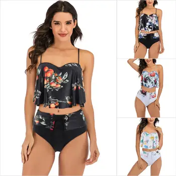 Seksualus Push-Up Bikinis Nustatyti 2020 m. Lady Vintage Retro Gėlių Pynimas maudymosi Kostiumėliai Moterims, Moterų Aukšto Juosmens Plaukti Kostiumai Plius Dydis Monokini 3XL