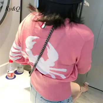 Prekės Moterų Mados Rožinė Dryžuota Atgal Elegantiškas Krabų Siuvinėjimo Ilgomis Rankovėmis Megztiniai Megztinis Striukė, Megztinis 2020 M. Rudenį Naujų