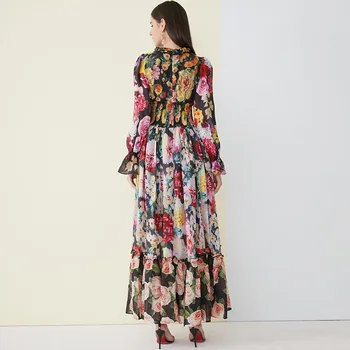 Stilingų Moterų Dummer Ilgomis Rankovėmis Išgalvotas Spaudinių Ilgai Dizaino Šifono Suknelė Madinga Šifono Didelis Apačioje Suknelė