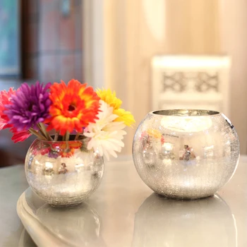 Europos Ledo Plyšių Sidabro Danga Stiklo Vaza Augalų, Džiovintų Gėlių Hydroponics Rutulio Formos stiklinė vaza Vaza namų dekoro priedai