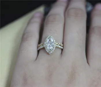 DUPUY 14 KARATŲ Geltonojo Aukso Vestuvinis Žiedas Nustatyti 1.0 ct Markizė Supjaustyti Amžinai Klasikinis Žiedas&Art Deco Pusę Amžinybės Deimantų Vestuvinis Žiedas