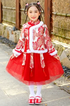 Tradicinės Kinų Striukė Dress Kostiumai Hanfu Mergaitėms Senovės Retro Tango Naujųjų Metų Tiktų Žiemos Cheongsam Kimono Bamblys Medžiaga