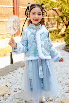 Tradicinės Kinų Striukė Dress Kostiumai Hanfu Mergaitėms Senovės Retro Tango Naujųjų Metų Tiktų Žiemos Cheongsam Kimono Bamblys Medžiaga