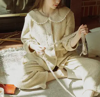 Korėjos Žiemos Pižama Nustatyti Vilnos Storas Sleepwear Turn-žemyn Apykaklės Mygtukai Kulkšnies Ilgio Kelnės Dviejų dalių Pijamas Merginos Homewear