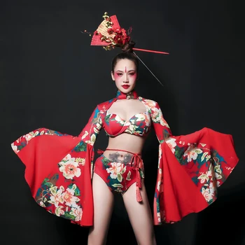 Raudonas Seksualus Rave Komplektus Moteris Kinų Stiliaus Moteris Dainininkas Klubą Gogo Šokių Drabužius Džiazo Šokio Scenoje DJ Kostiumas