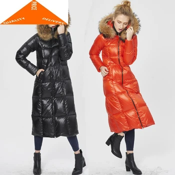 Žiemą Storas Šiltas Moterų Drabužiai 2020 Streetwear 25% Ančių Pūkų Striukė Didelis Meškėnas Kailių Gobtuvu Ponios Ilgas Kailis V9799