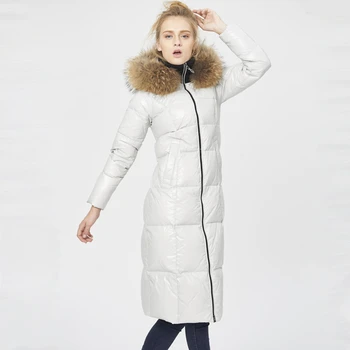 Žiemą Storas Šiltas Moterų Drabužiai 2020 Streetwear 25% Ančių Pūkų Striukė Didelis Meškėnas Kailių Gobtuvu Ponios Ilgas Kailis V9799