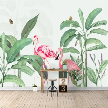 Milofi užsakymą didelis tapetai, freskos ranka-dažytos Šiaurės šalių akvarelės bananų gysločių tropinių augalų flamingo fono sienos