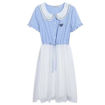 Mori mergina mielas kawaii pledas suknelė 2019 naujas vasaros mados peter pan apykaklės embroided trumpas rankovės saldus tinklelio suknelė