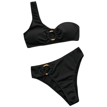 Seksualus maudymosi kostiumėlis 2 Gabalas maudymosi kostiumėlį Moteris Kietas Monokini Bikini Push-up Pad Maudymosi Kostiumą Vieną Petį Swimswear Aukšto Juosmens Paplūdimio