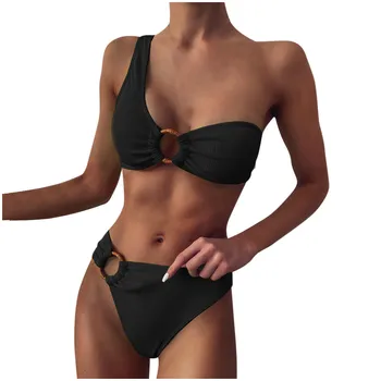 Seksualus maudymosi kostiumėlis 2 Gabalas maudymosi kostiumėlį Moteris Kietas Monokini Bikini Push-up Pad Maudymosi Kostiumą Vieną Petį Swimswear Aukšto Juosmens Paplūdimio