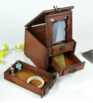 Klasikinis antikos diržo veidrodis medinis jewel box padažu lauke junginys desktop storage box