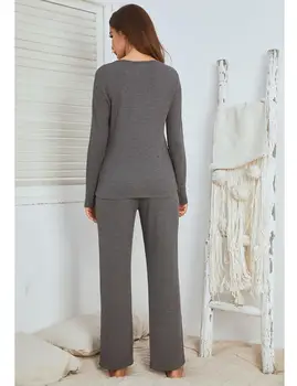 Sleepwear Rinkiniai Ponios ilgomis Rankovėmis Homewear Kostiumas ilgomis Rankovėmis Kelnės V-kaklo 2020 m. Rudenį Elastingumą XXL Moterims Namų Drabužiai