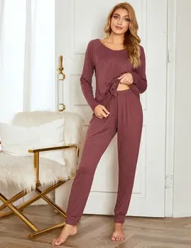 Sleepwear Rinkiniai Ponios ilgomis Rankovėmis Homewear Kostiumas ilgomis Rankovėmis Kelnės V-kaklo 2020 m. Rudenį Elastingumą XXL Moterims Namų Drabužiai