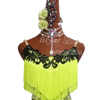 Seksualus lotynų Šokių Suknelė Moterų Šokių Konkurse Fluorescencinės Geltonos spalvos Kutai Sijonas Scenos Seksuali Suknelė Rumba lotynų Dėvėti BL3004