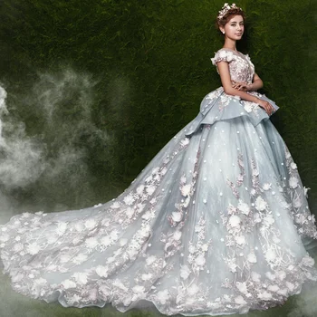 Prabanga Kamuolys Suknelė Siuvinėjimo Puošnios Nėrinių Susiėmę Gėlės, Vestuvinės Suknelės 2020 Katedra Traukinio Nuotakos Suknelė vestidos de novia