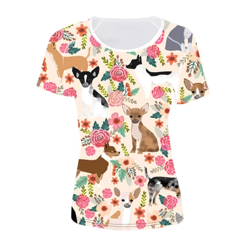 NOISYDESIGNS Čihuahua Gėlių Spausdinti Moterys T Shirt Ladies Juokingi Marškinėliai, Šviežias Stiliaus Paauglių Mergaičių Kawaii Mažylis Marškinėlius Viršūnės