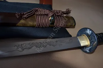 Japonijos Samurajų Kardas KATANA 1095 Didelis Anglies Plieno, molio grūdintas Full Tang Peilis Supjaustyti Bambuko Dragon Temą Tsuba