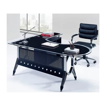 Biuro stalo 180X85 cm KOLN dvivalenčių formos, kairėje baldai, juoda ir chromo plieno stalo rėmas, grūdintas stiklas