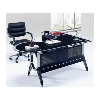 Biuro stalo 180X85 cm KOLN dvivalenčių formos, kairėje baldai, juoda ir chromo plieno stalo rėmas, grūdintas stiklas