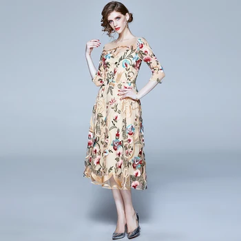 Nauja Elegantiška Vintage Moterų Spausdinti Slim Tunika Midi Suknelė Office Lady Ilgomis Rankovėmis Suknelės, Šaliai, Drabužių