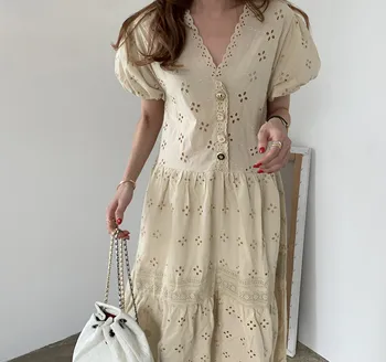 YOCALOR Moterų Vintage-Line Tuščiaviduriai Suknelė Iš 2020 M. Vasarą Naująjį V-Kaklo Sluoksniuotos Rankovėmis Mygtuką Gėlių Spausdinti Suknelės Prarasti Prašmatnus Vestidos