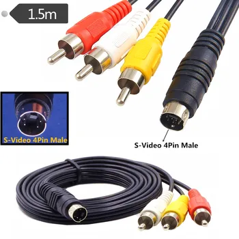 4 Pin Mini DIN S-Video Kištukas į 3 RCA Plug Kabelis S-Video 4-Pin Male su 3-RCA Male RGB Composite Video Laidas 1,5 m 5ft
