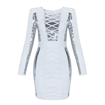 Didmeninė 2019 m. Rudens Ir Žiemos Naujos suknelės, Balta ilgomis rankovėmis China High-end luxury Įžymybė Šalies tvarstis Suknelė(L2674)