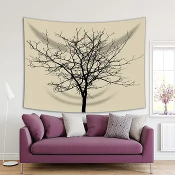 Gobelenas Medžių Šakos, Lapai be Siluetas Rudenį Dienų Kaimo Gamtos Tema Juoda ir Smėlio spalvos Nuotrauka Išspausdinta